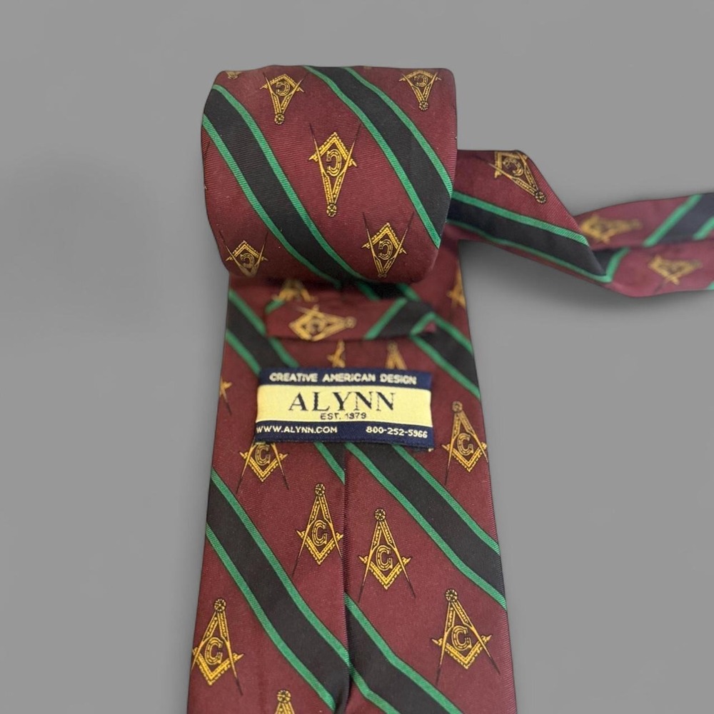 Alynn Vintage Masonic Freemason Silk Tie Burgundy Green Square Compass 58"